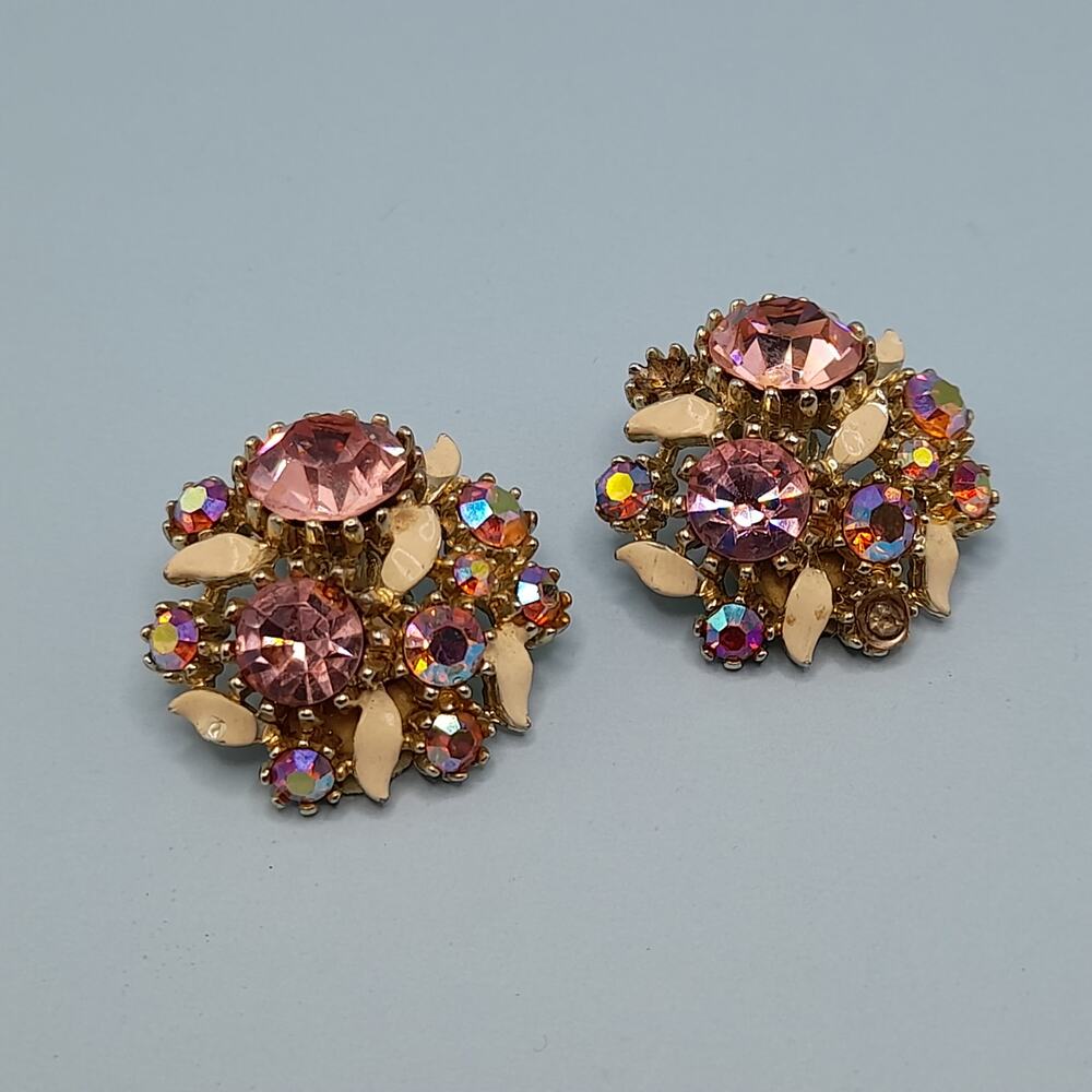 Vintage Arthur Pepper ART Pink Rhinestone Clip Earrings, Aurora Borealis, 1 1/8"